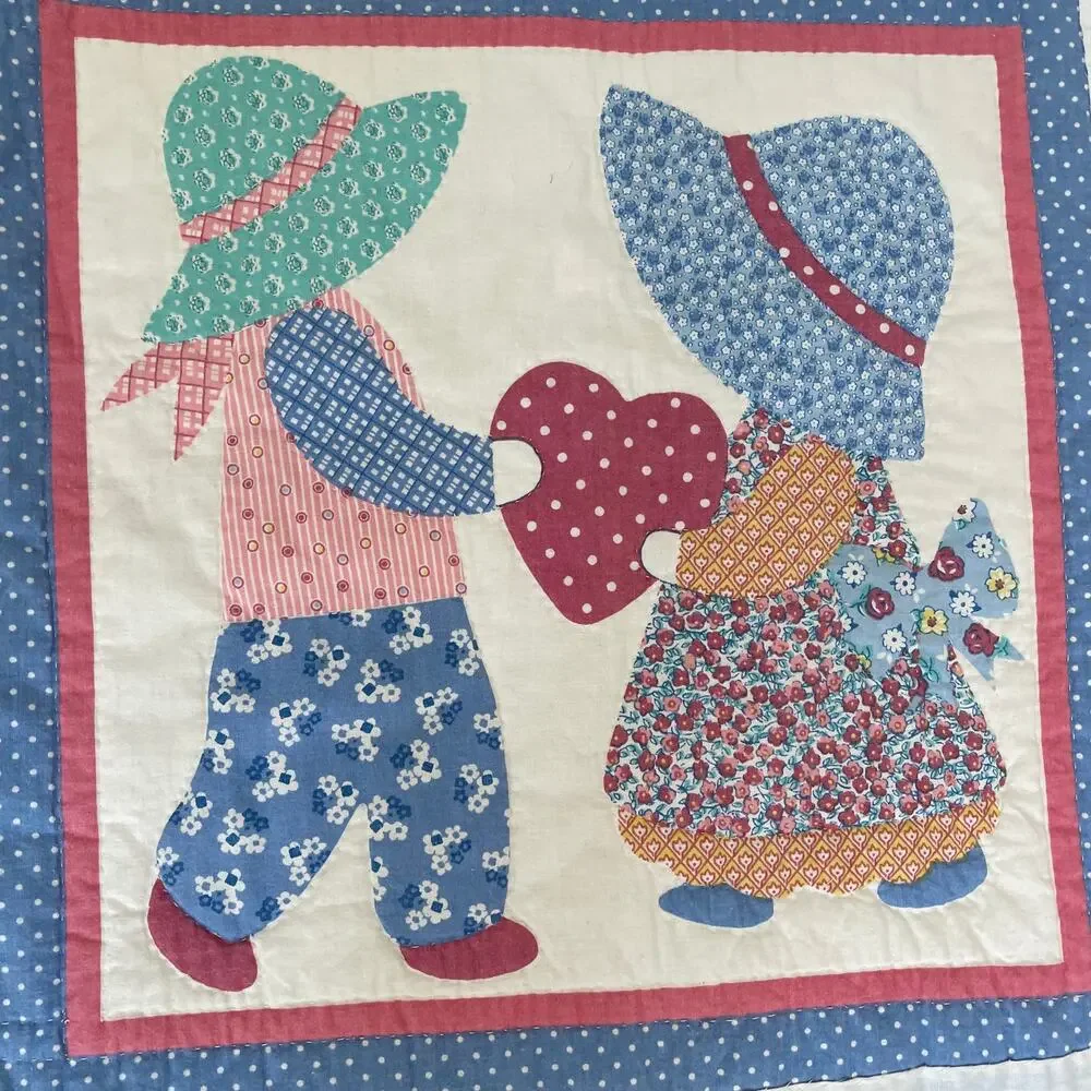 Sunbonnet Sue Baby Quilt Vtg Handmade Nursery Crib Blanket Hanging Panel Blocks